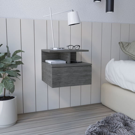 Space Saving Floating Nightstand with Drawer and Open Shelves, Smoke Grey Engineered Wood, 13.2L x 14W x 11.6H, for Bedroom
