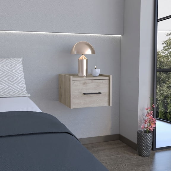 Space-Saving Floating Nightstand with Light Gray, Handy Drawer & Surface Design