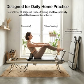 Space-Saving Fold able Pilates Reformer, Adjustable Multi-Function Pilates Training Bed with Smooth Silent Pulley for Small Apartment Home Workout