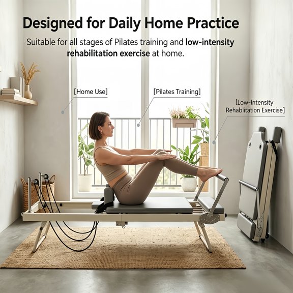 Space-Saving Fold able Pilates Reformer, Adjustable Multi-Function Pilates Training Bed with Smooth Silent Pulley for Small Apartment Home Workout