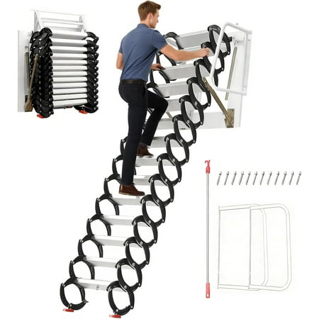 Space-Saving Foldable Attic Ladder, with 1102 lb Capacity, Wall-Mounted 12-Step Alloy Steel Pull-Down System, Adjustable 9.5-10.17ft Collapsible Attic Access Ladder