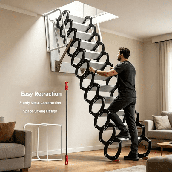 Space-Saving Foldable Attic Ladders, Wall-Mounted with 1102 lb Capacity, Wall-Mounted 12-Step Alloy Steel Pull-Down System, Adjustable 9.5-10.17ft Collapsible Attic Access Ladder