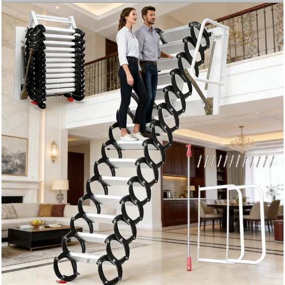 Space-Saving Foldable Attic Ladders, Wall-Mounted with 1102 lb Capacity, Wall-Mounted 12-Step Alloy Steel Pull-Down System, Adjustable 9.5-10.17ft Collapsible Attic Access Ladder