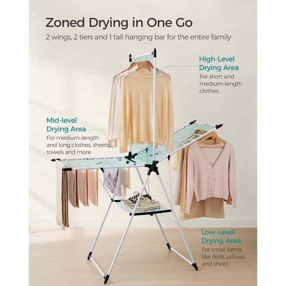 Space-Saving Foldable Laundry Rack, 2-Tier Adjustable Drying Station with 24 Rails & Hanging Bar, Multi-Room Garment Organizer for Bedroom, Balcony, Laundry Room, Simply White