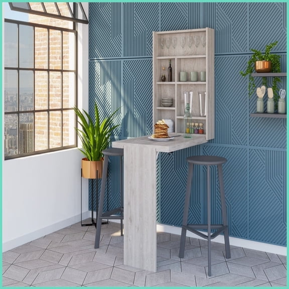 Space-Saving Foldable Light Gray Coffee Table with 7-Shelf Hutch, Wall-Mounted for Small Spaces