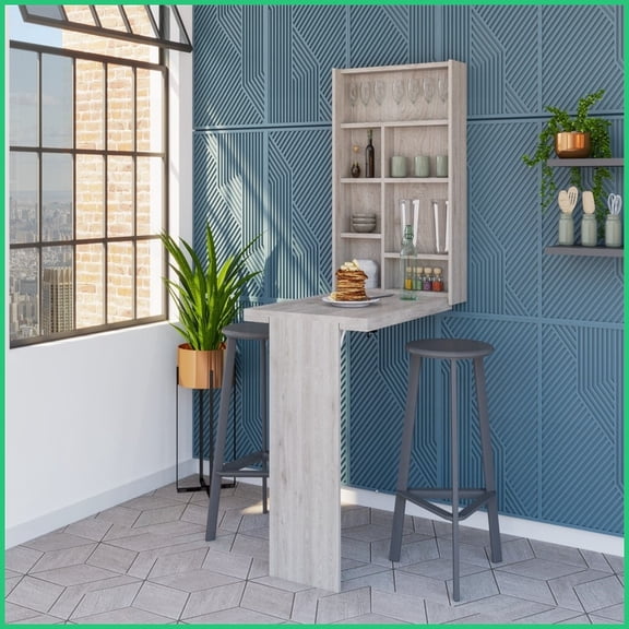 Space-Saving Foldable Light Gray Coffee Table with 7-Shelf Hutch - Wall-Mounted for Small Spaces