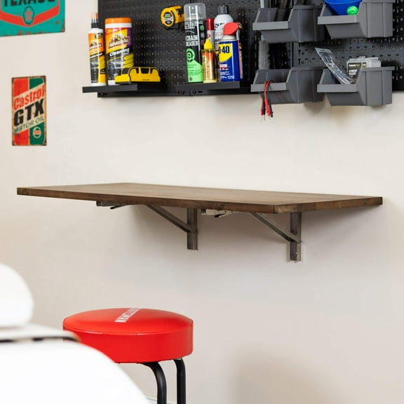 Space-Saving Foldaway Workbench, Dark Finish With Stainless Steel Brackets, Wall-Mounted Butcher Block Table, Workshop, Shed, and Garage