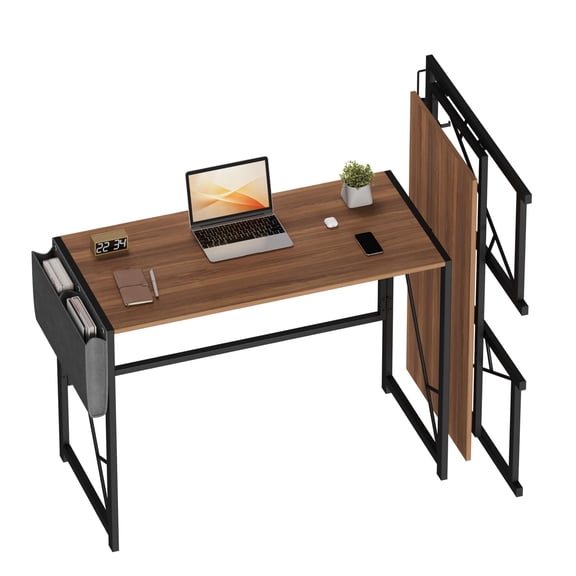 Space-Saving Folding Computer Desk with Storage Bag and Hook – 39.4" Collapsible Writing Table for Home Office, Bedroom, Small Spaces – Compact Desk,Brown