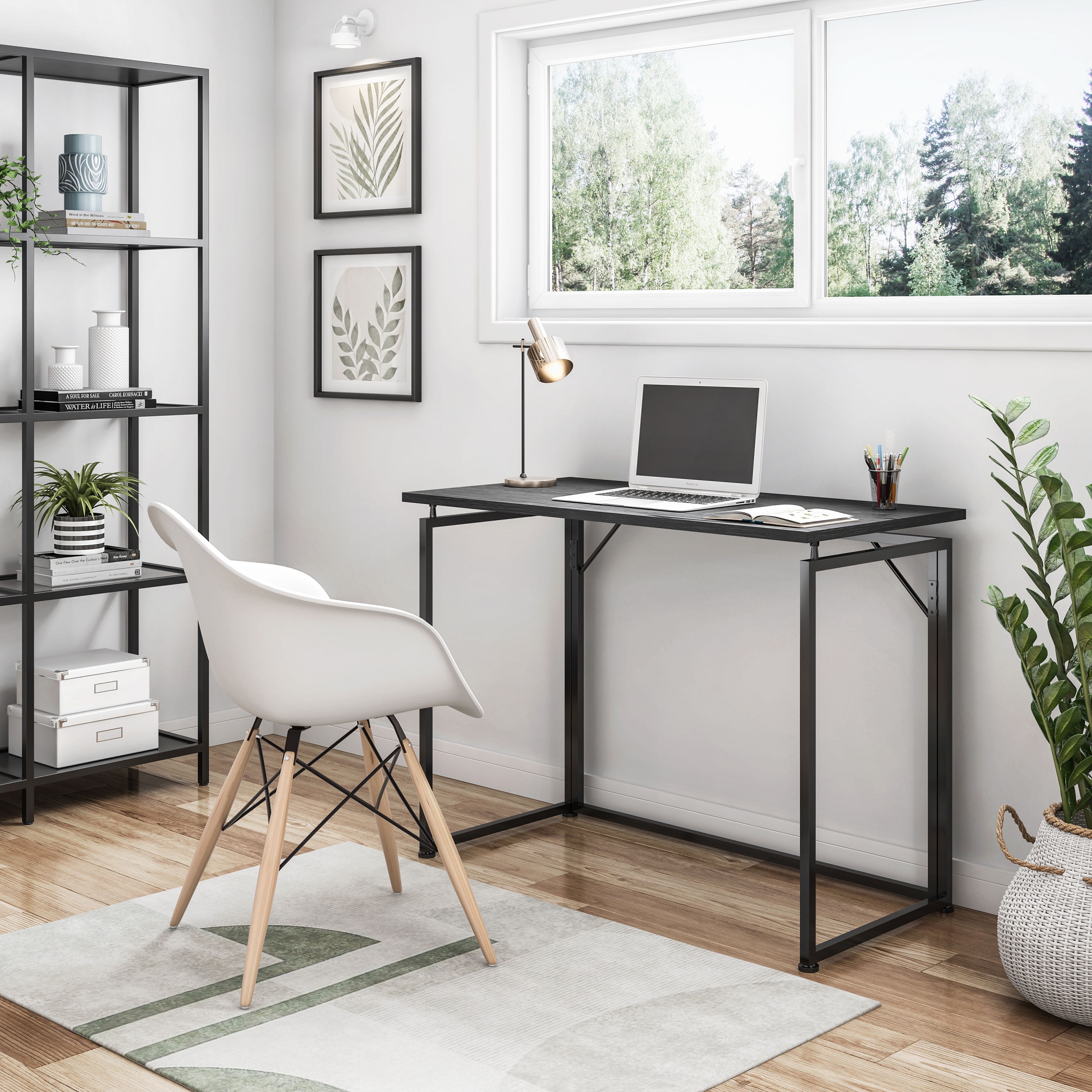 Space Saving Folding Desk, Black Collapsible Computer Laptop Desk with Sturdy Steel Legs, Tool-Free Assembly, Portable Workstation for Bedroom Dorm Small Spaces