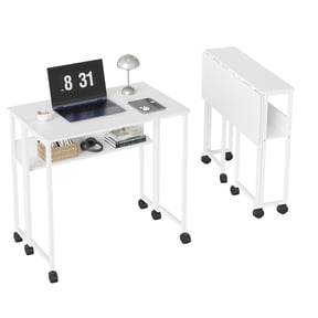Space-Saving Folding Desk with Storage Shelf – Portable Computer Table on Wheels – No-Assembly Compact Writing Workstation – Sturdy Frame for Home Office, Bedroom, Dorm – White