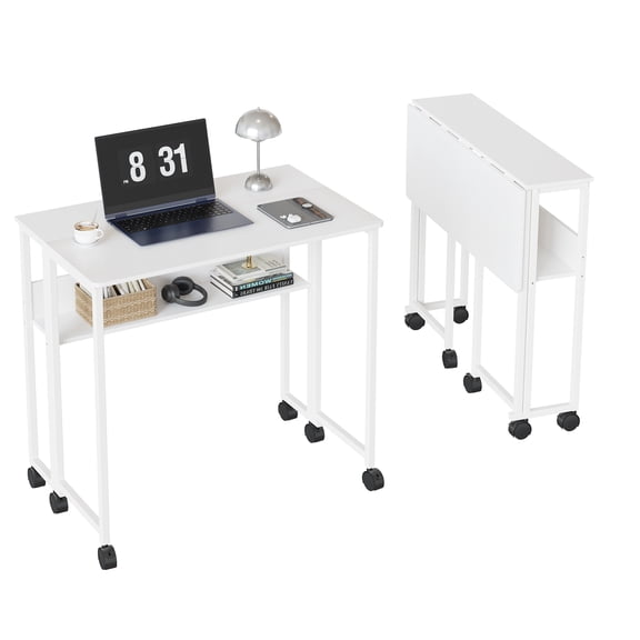 Space-Saving Folding Desk with Storage Shelf – Portable Computer Table on Wheels – No-Assembly Compact Writing Workstation – Sturdy Frame for Home Office, Bedroom, Dorm – White