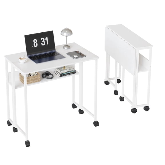 Space-Saving Folding Desk with Storage Shelf & Wheels – Sturdy Metal Frame, Portable, Easy Assembly – Multi-Purpose Table for Home Office, Bedroom, Dorm