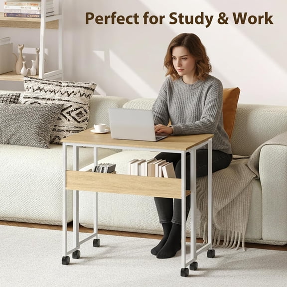 Space-Saving Folding Desk with Storage Shelf and Wheels Sturdy Metal Frame Compact Mobile Vintage color brown