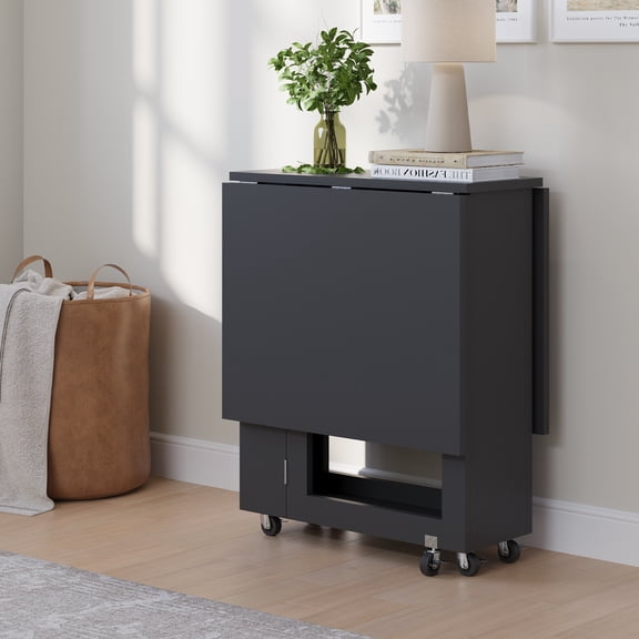 Space-Saving Folding Dining Table with 2-Layer Shelving & Lockable Wheels -Black