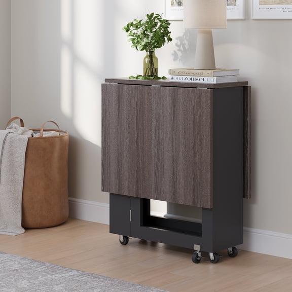 Space-Saving Folding Dining Table with 2-Layer Shelving & Lockable Wheels - Gray