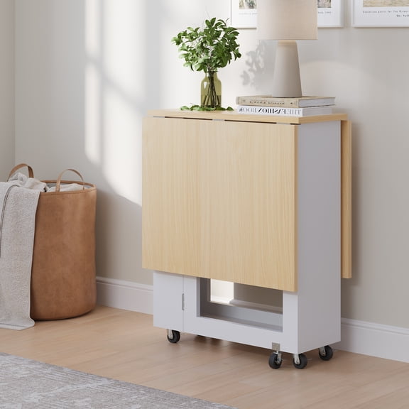Space-Saving Folding Dining Table with 2-Layer Shelving & Lockable Wheels -White