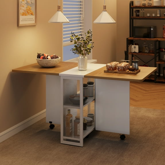 Space Saving Folding Dining Table with 2 Tier Storage-Extendable Drop Leaf Farmhouse Kitchen Dining Room Tables Set for 4