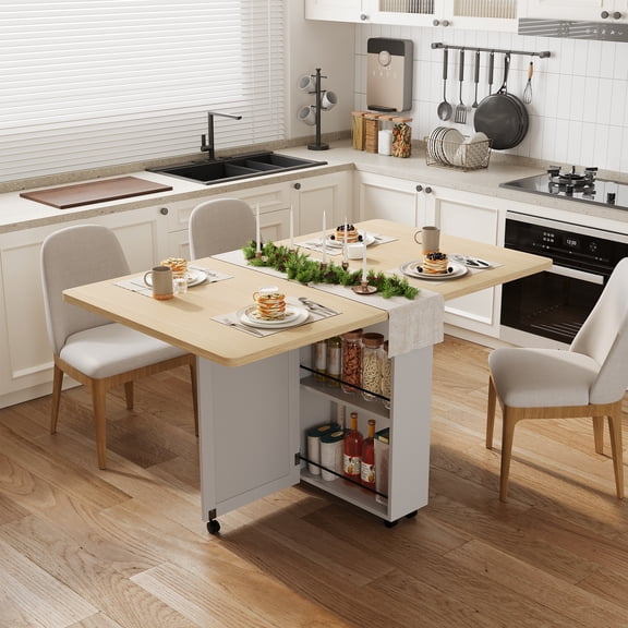 Space Saving Folding Dining Table with Storage, Mobile Kitchen Table on 6 Wheels, Features Drawer and Shelves for Compact Spaces, White