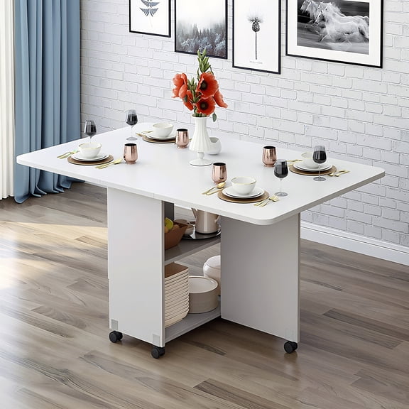 Space Saving Folding Drop Leaf Dining Table with 6 Wheels and 2-Layer Storage Shelf, 47.2 L x 23.6 W x 30.3 H, White MDF Table for Small Apartments