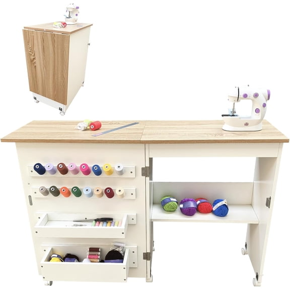Space-Saving Folding Sewing & Craft Table – Multipurpose Desk with Storage Shelves, Trays, Pegs, Magnetic Locks, Lockable Wheels – Portable Side Table for Small Spaces, White & Natural