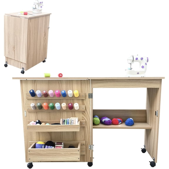 Space-Saving Folding Sewing & Craft Table – Multipurpose Desk with Storage Shelves, Trays, Wooden Pegs, Magnetic Locks, Lockable Wheels – Portable for Small Spaces, Yellow