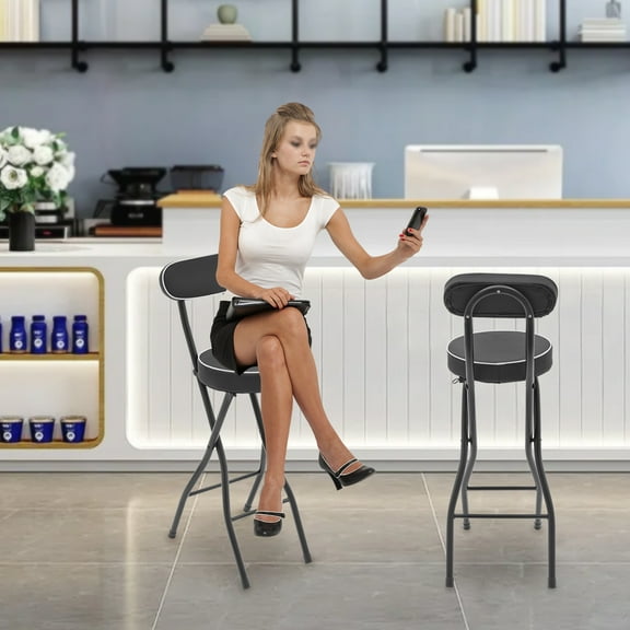 Space-Saving Folding Stools, 2-Pack, 25.6" Seat Height, 38.58" Folded Length, 4.33" Backrest, Safety Lock, Non-Slip Covers, Best for RVs, Patios, and Events