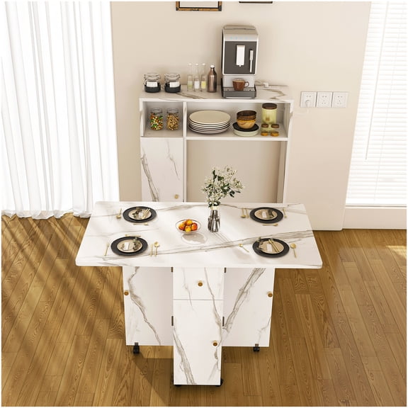 Space-Saving Folding Table with Built-In Power Outlets and Cabinets, White MDF Dining Desk