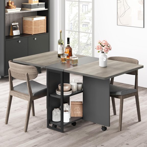 Space-Saving Folding Table with Drop Leaf & 2 Storage Racks, Collapsible Extendable Kitchen, Office, and Dinner Table