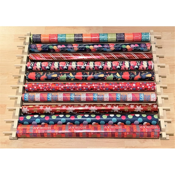 Space Saving, Front Loading Organizer / Station for Gift Wrapping Paper, Ribbons, Cellophane, Vinyl Rolls, Maps & Other Arts & Crafts Items. Holds 10 Rows. Adjustable Width. Easy Wall Mount.