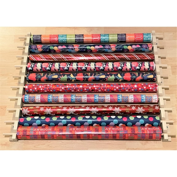 Space Saving, Front Loading Organizer / Station for Gift Wrapping Paper, Ribbons, Cellophane, Vinyl Rolls, Maps & Other Arts & Crafts Items. Holds 10 Rows. Adjustable Width. Easy Wall Mount.