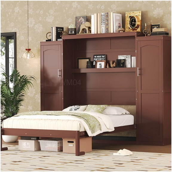 Space Saving Full Murphy Bed with Built-In Wardrobes, Fold Down Wall Bed Unit with Storage, Walnut Finish Platform Bed for Bedroom, Guest Room