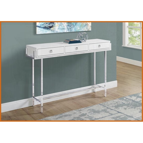Space-Saving Glossy White Laminate Coffee Table with Chrome Base & 3 Drawers for Living Room
