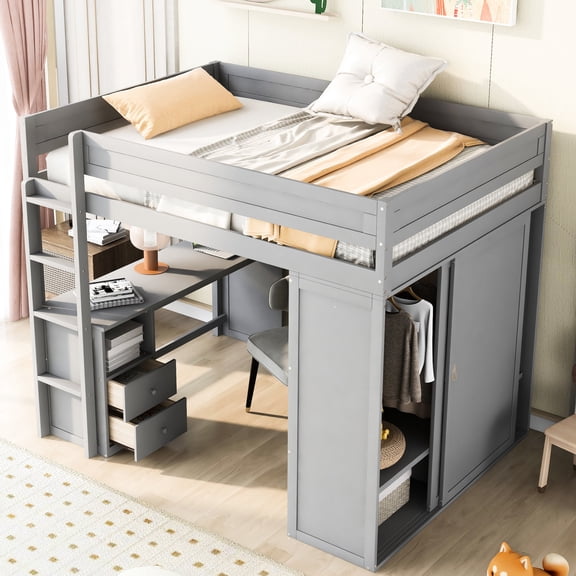Space-Saving Gray Loft Bed with Built-in Storage - Perfect for Organizing Work and Daily Items