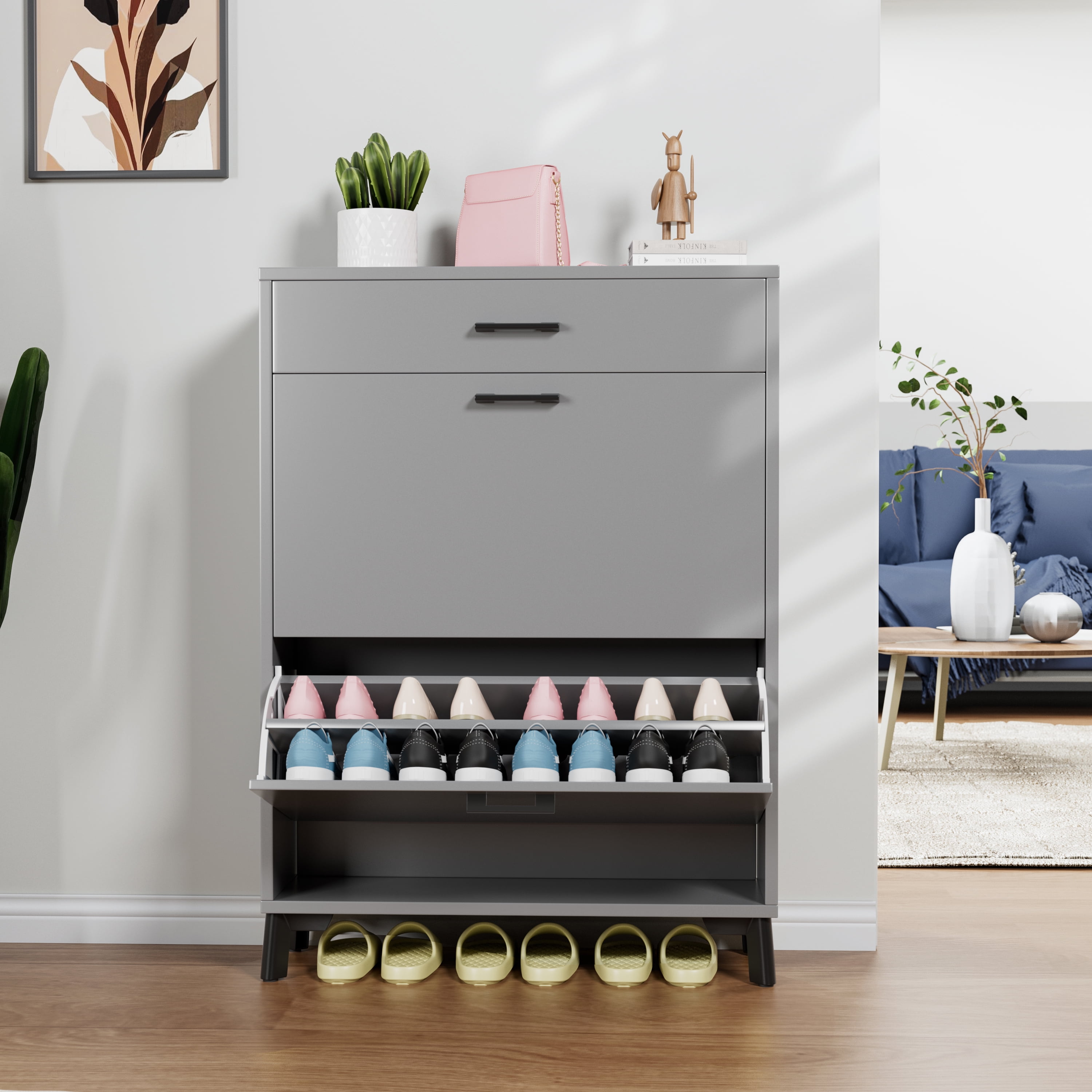 Space Saving Gray Shoe Storage Cabinet with 2 Flip Drawers, Ample Storage, Sturdy MDF & Metal Construction Space Saving, Gray - Easy to Assemble, Shoe Storage Cabinet for Doorway Hallway Entryway