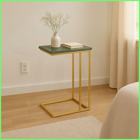 Space-Saving Green Marble Coffee Table for Living Room, Golden Metal C-Frame, 24 Inch Height
