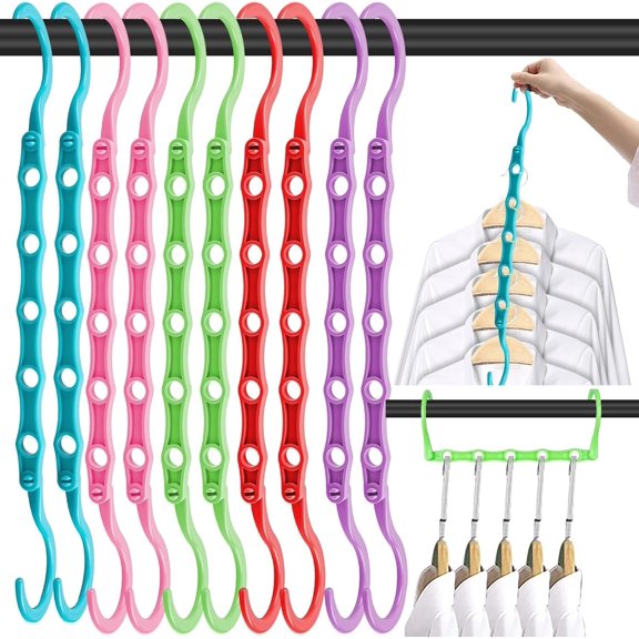 Space Saving Hangers 10 Pack, Heavy Duty Magic Cascading Hanger Organizer with 5 Enclosed Anti-Slip Holes, Closet Organizers and Storage for Clothes, College Dorm Room Essentials, Multicolor