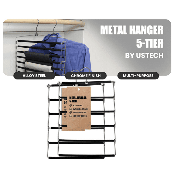USTECH 5-Tier Arm Pants Hanger, Space-Saving Swing Hanger with Foam Padded Removable Arms, Durable Alloy Steel Closet Organizer with Capped Hooks, Pack of 1