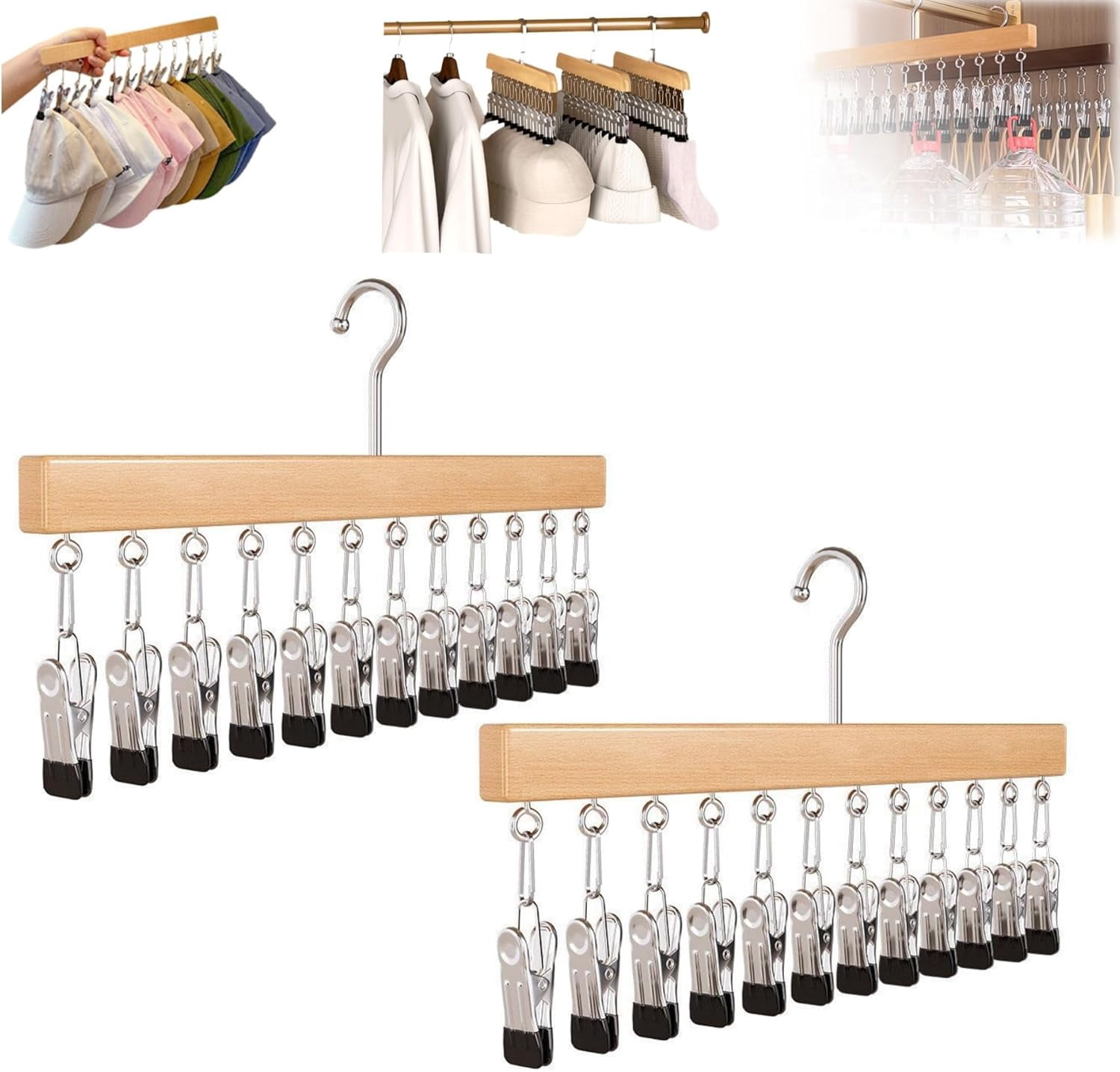 Space Saving Hanging Closet Organizer with 10/12 Clips, Multi-Purpose Storage Hanger for Jeans Skirts Scarves Socks, Heavy Duty Metal Frame with 360° Rotating Hook