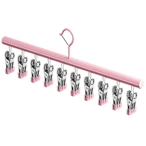 Space Saving Hanging Closet Organizer with 10 Metal Clips, Pants Hangers with Clothespins for Jeans Skirts Socks, Hat Scarf and Pant Hangers for Closet Storage,Light Pink