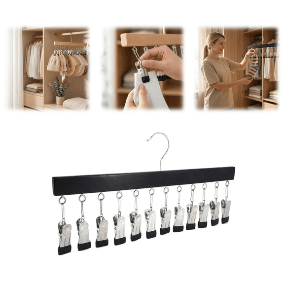 Space-Saving Hanging Closet Organizer with 12 Clips, Wooden & Black Metal Hat & Sock Hanger for Jeans, Skirts, Delicates, Maximizing Closet Storage and Reducing Clutter,Complexion