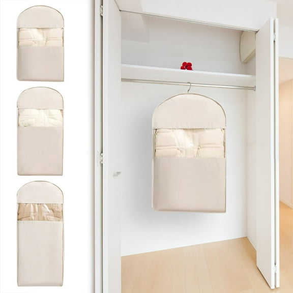 Space Saving Hanging Garment Bag for Coats Blankets, Sweaters, Seasonal Clothes with Self Compression Zipper, Space-Saving Dust-Proof Down Jacket Compression Storage Bag