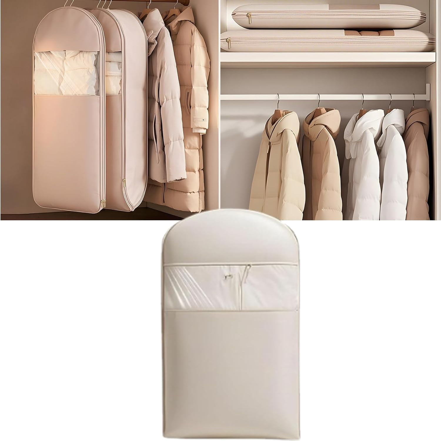 Space Saving Hanging Garment Bag with Self Compression Zipper,Dust Cover Clothes Bags for Down Coat,Space Saver Closet Organizers, for Closet Storage (Beige, M)