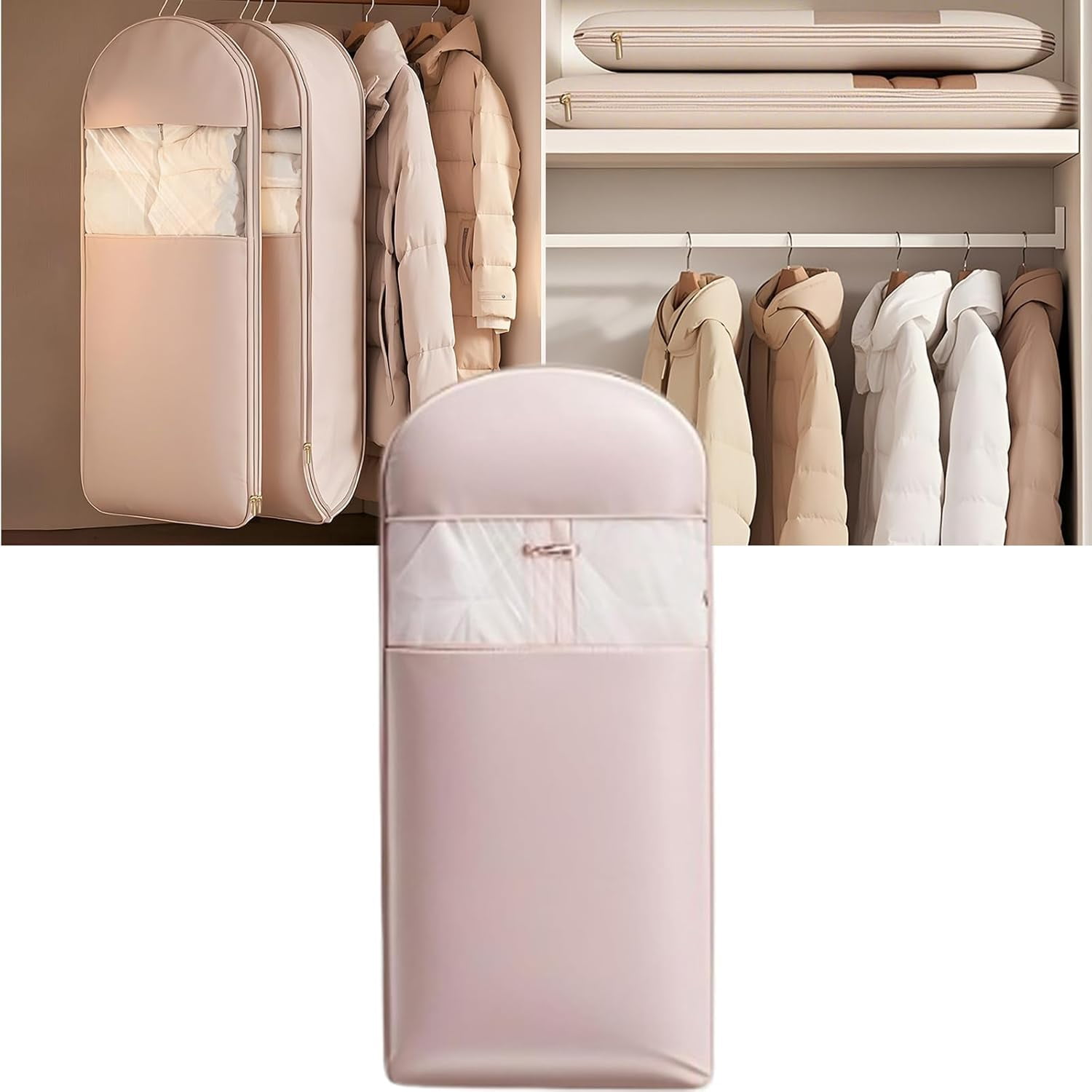 Space Saving Hanging Garment Bag with Self Compression Zipper,Dust Cover Clothes Bags for Down Coat,Space Saver Closet Organizers, for Closet Storage (Pink, XL)