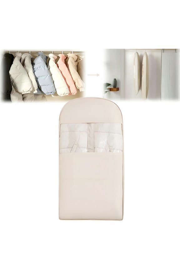 Space Saving Hanging Garment Bag with Self Compression Zipper, New Update Space Saver Clothes Storage Organizer, Dust Cover Clothes Bags for Down Coat Suit Dress or Jacket (Beige, L)