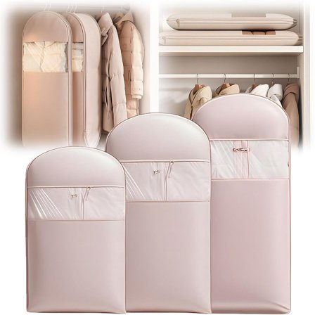 Space Saving Hanging Garment Bag with Self Compression Zipper,Space Saver Closet Organizers,Dust Cover Clothes Bags for Down Coat (Pink, (Medium+Large+X-Large)3Pcs)
