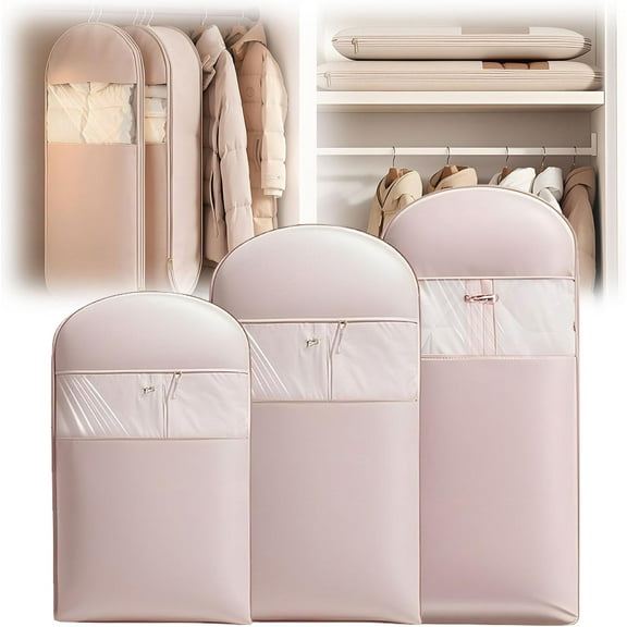 Space Saving Hanging Garment Bag with Self Compression Zipper,Space Saver Closet Organizers,Dust Cover Clothes Bags for Down Coat (Pink, (Medium+Large+X-Large)3Pcs)