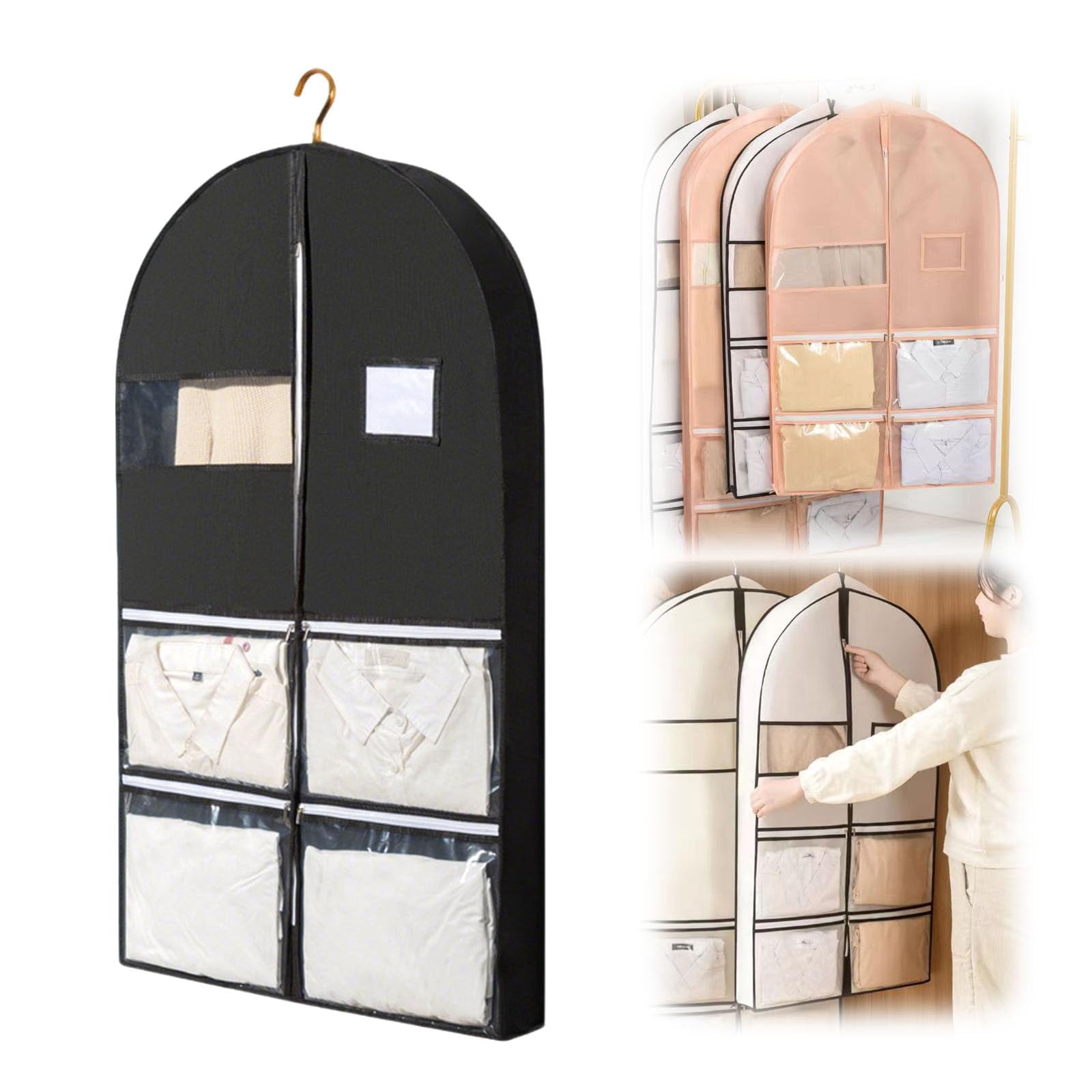 Space Saving Hanging Garment Bag with Self Compression Zipper, Space Saving Hanging Protector for Down Coat, Down Coat Compression Dust Cover for Closet Storage
