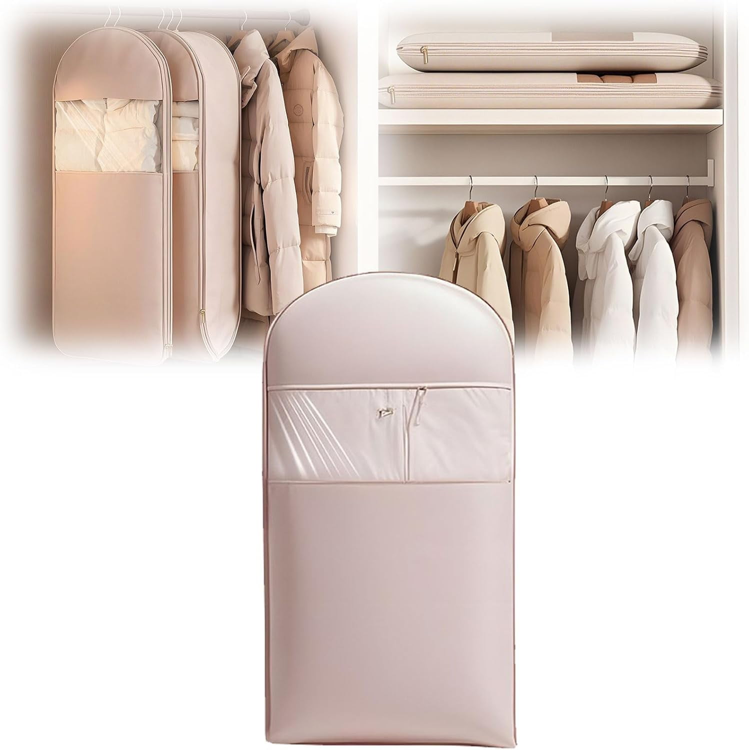 Space Saving Hanging Garment Bag with Self Compression Zipper,Space Saver Closet Organizers,Dust Cover Clothes Bags for Down Coat (Pink, Large)