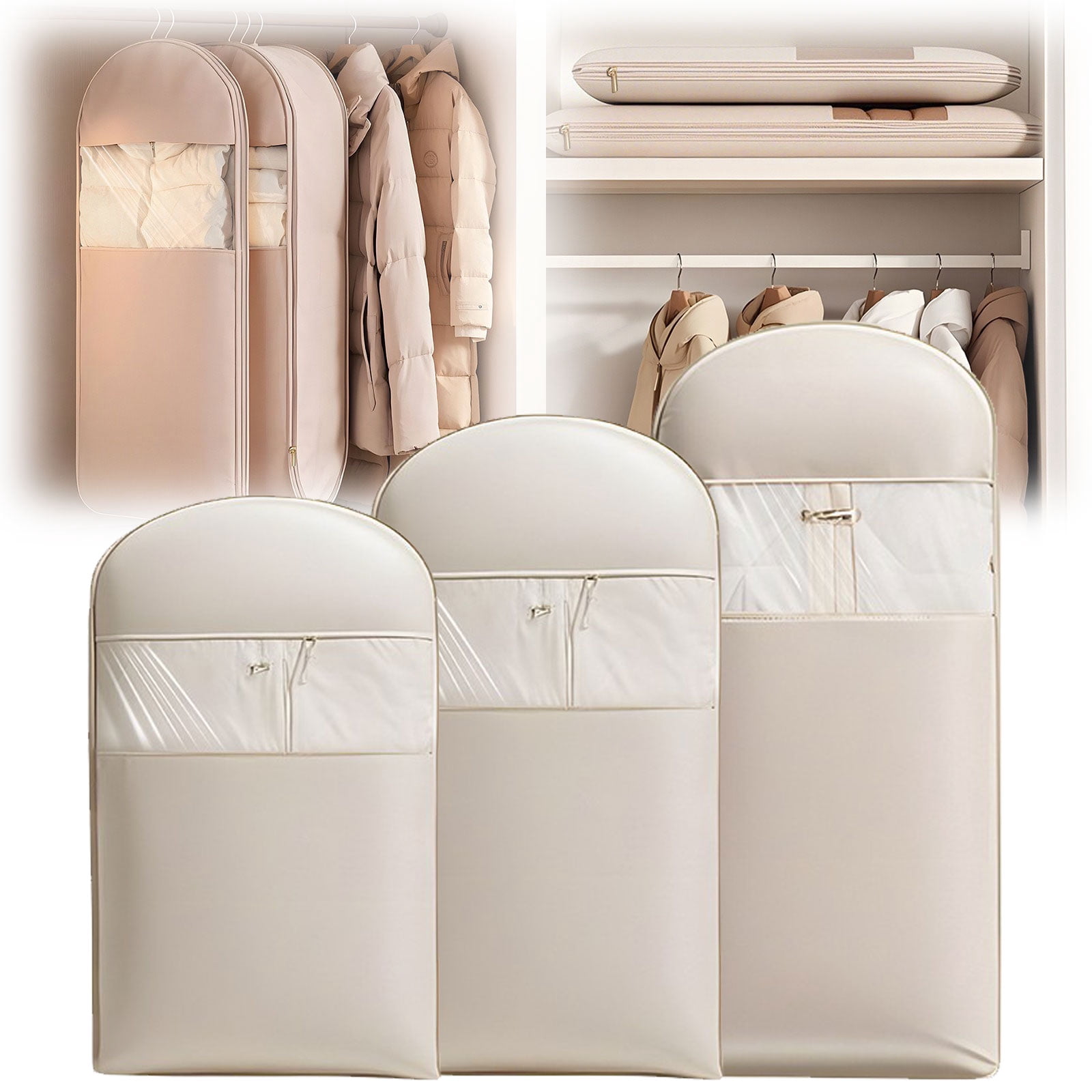 Space Saving Hanging Garment Bag with Self Compression Zipper,Space Saver Closet Organizers,Large Dust Cover Clothes Bags for Down Coat