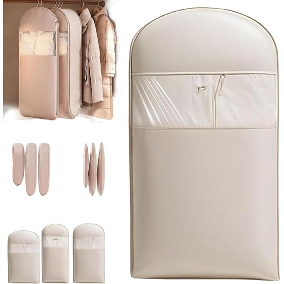 Space Saving Hanging Garment Bag with Self Compression Zipper, Space Saver Hanging Garment Bags, Winter Coat Storage (Beige, Large)